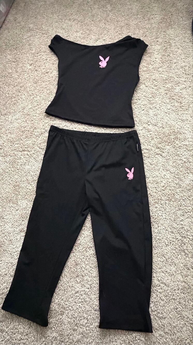 Playboy x Missguided Black Pink Leggings & Top Set Medium